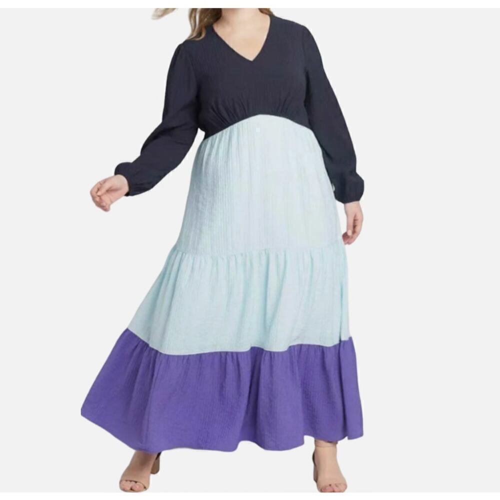 Lane Bryant Night Sky Blue Tiered Crepe Maxi Dress Colorblock Long Sleeve SZ 16